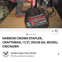 Craftsman 20 V 18 Gauge 1/4 -in Narrow Crown, Finish Stapler battery, and charger included