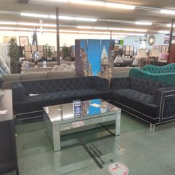 🥰 Black Button Tufted Sofa And Loveseat Set 
