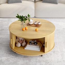 🔥 Round Coffee Table with Storage, 31.5" Modern Coffee Table with 360° Curved Sliding Door, Fluted Wood Accent Coffee Table with Adjustable Footpads,
