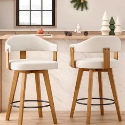 Set of 2 Modern Swivel Bar Stools with Curved Back & Armrests - 26" Counter Height Oak Wood Frame & White Boucle Upholstery, PU Cushioned Seats Suitab