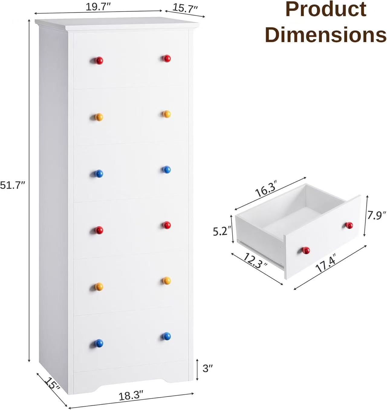 🥨LIKIMIO Small Dresser Tall, 6 Drawer Tall Skinny Dresser with Colorful Handles, Chest of Drawers for Bedroom, 51.5" H Modern Wooden Floor Storage C
