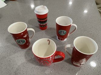 4  Christmas Starbucks Cups & One 1 Starbucks Tumbler 