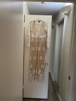 forever 21 embroidered lace dress Forever 21 Nude Maxi Dress with White Embroidered Lace- Size S