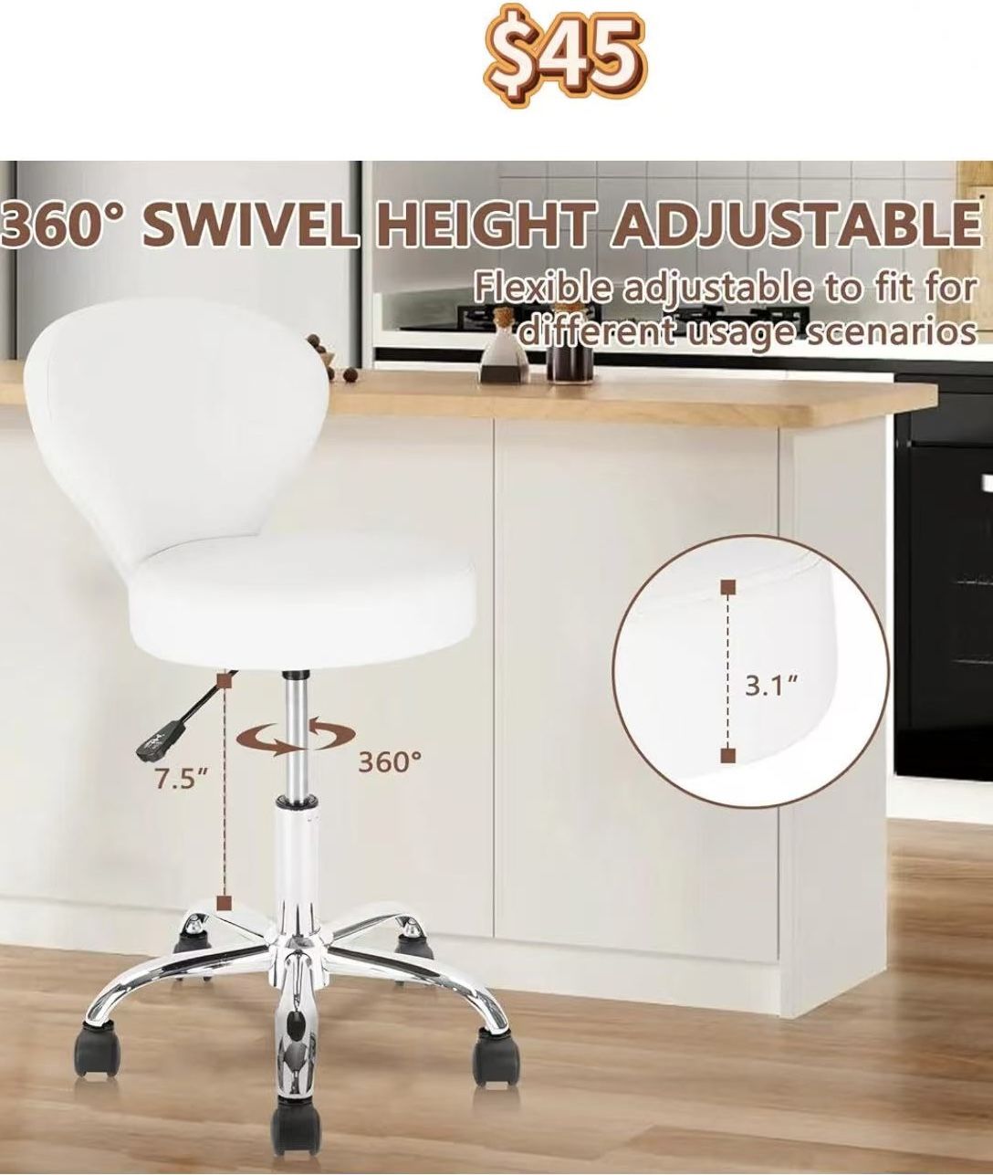 😀 Rolling Swivel Salon Stool Chair with Back Support Adjustable Hydraulic for Office Massage Facial Spa Medical Drafting Tattoo Beauty Barber White