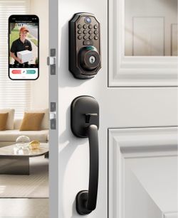 New. Keyless Entry Deadbolt with Handle Set - WiFi Smart Lock with Camera, 5-in-1 Camera+Doorbell+Fingerprint+Keypad, App Control, Auto Lock, Easy Ins