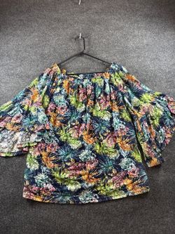 Women’s M Navy Multicolor Floral Off Shoulder Bell Sleeve Blouse