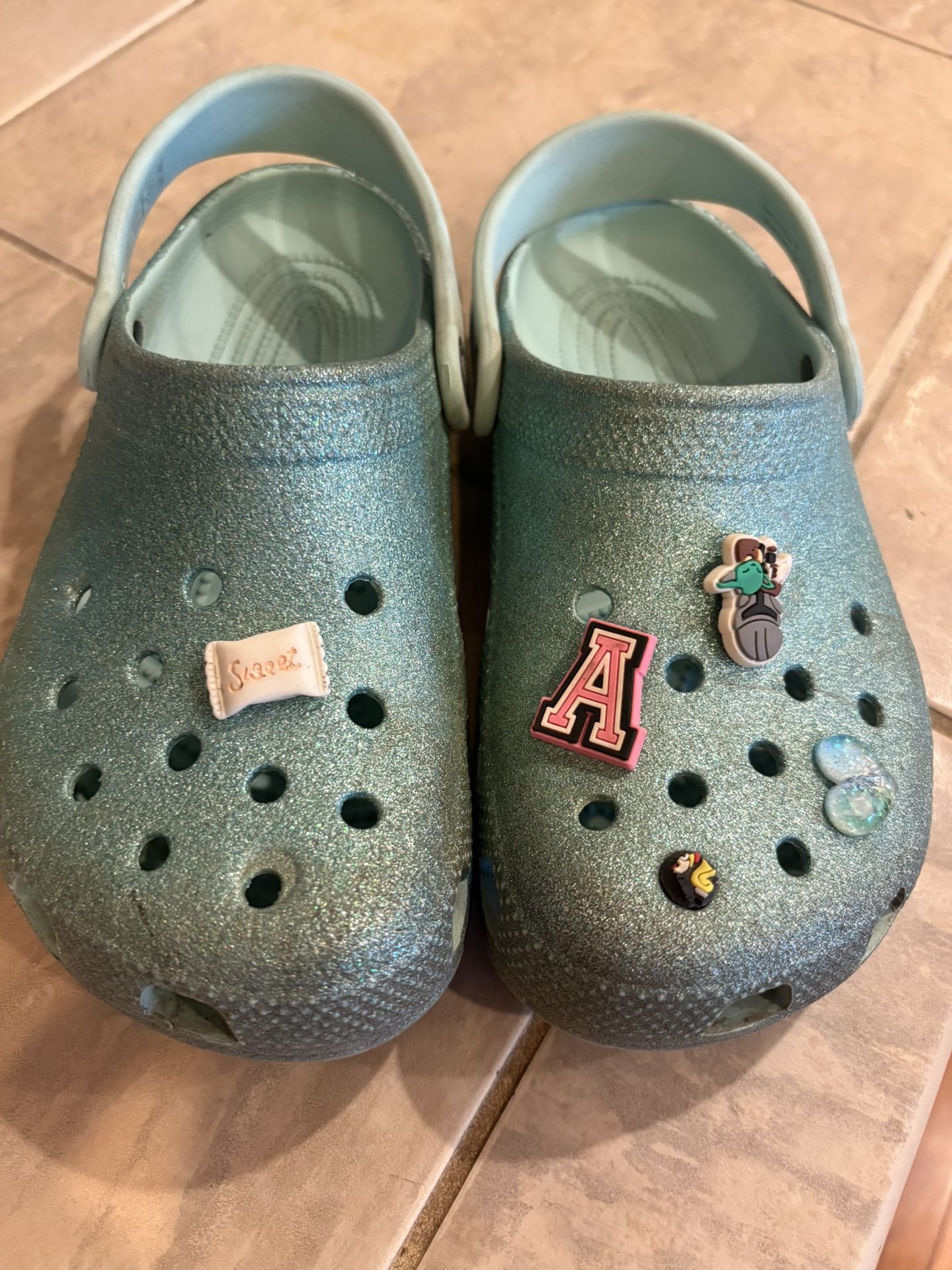 Aqua Blue Glitter Crocs Size 3y