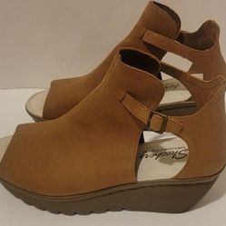 Skechers Women's Ankle Boots 9.5 Tan Wedge Heel Open Toe, Sides Bootie Sandals