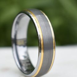 Tungsten 7mm Ring Brushed Silver with Yellow Gold Beveled Edges 