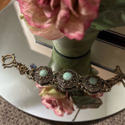 Beautiful!!! Stunning! Brass Gold Bracelet With Turquoise Blue Stones !!!