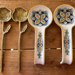 Decorative Ceramic Spoon Rests & Gold flower Salad Serving set 