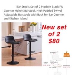 New Bar Stools Set of 2 Modern Black PU Counter Height Barstool, High Padded Swivel Adjustable Barstools with Back for Bar Counter $80