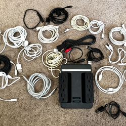 Numerous Apple, Usb, Usb-C, Usb, Lightning, And Apple Watch, Magsafe Adapters And Chords Plus A Rocket Fish Six Outlet Surge Adapter