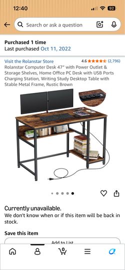 Desk with built in shelving, power outlets and USB charging ports