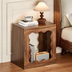 2PCS, Rustic Wood End Table, 24" Side Tables Living Room with Cat House, Wavy Farmhouse End Table, Small Nightstand for Bedroom, Office