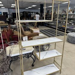  5-tier étagère bookcase featuring a gold-finished metal frame with white marble-patterned shelves