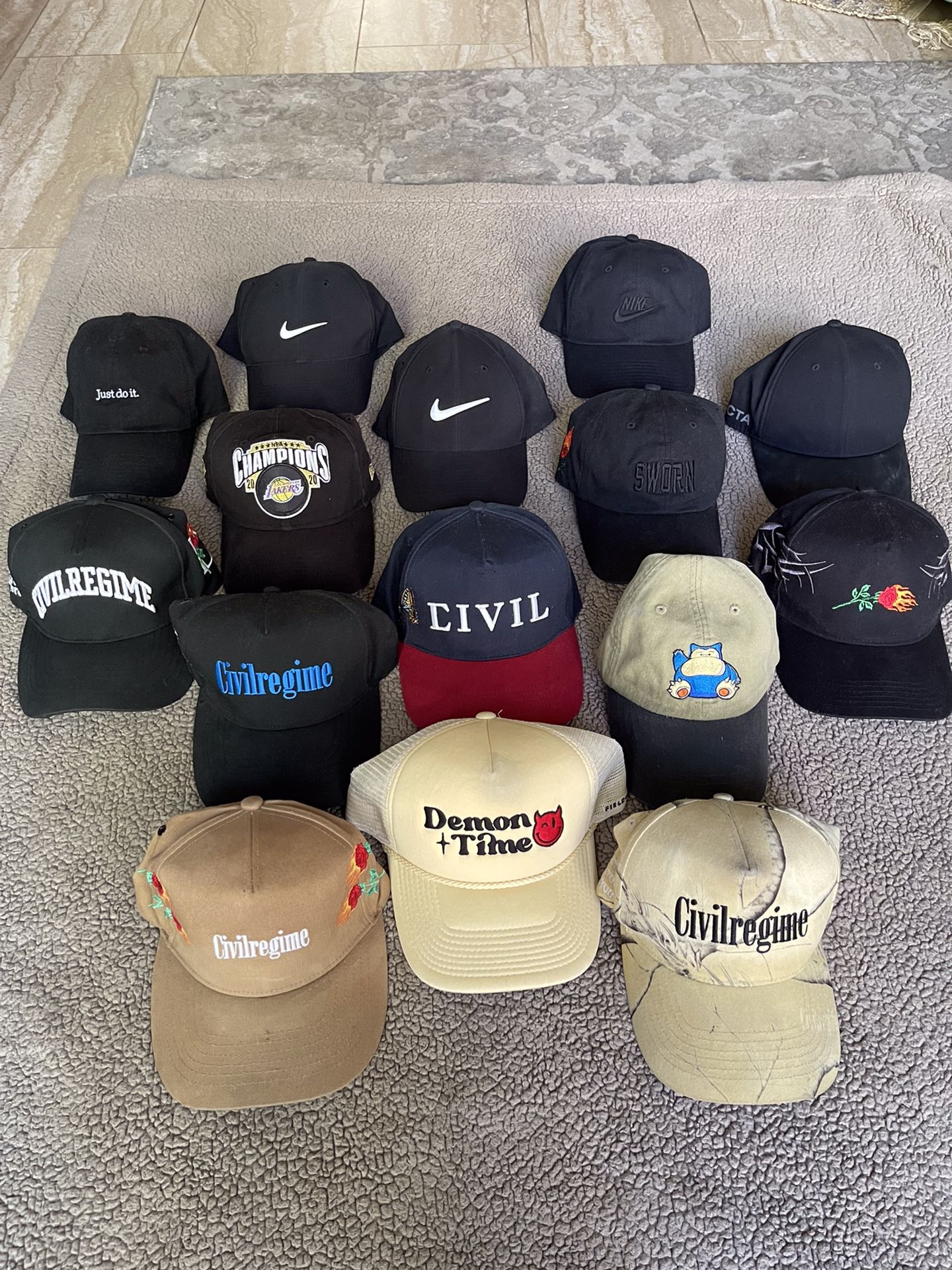 Nocta, Nike, Lakers, Pokémon, Civil Regime, Sworn To Us. Hats