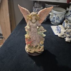 Beautiful 13.5" Angel on wooden base with little girl angel by her side colorful