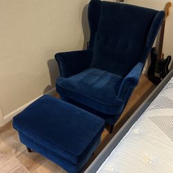 Ikea Strandmon Wing Chair And Ottoman - Blue