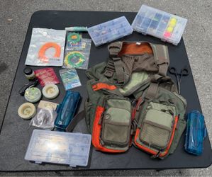 Lot of Fly Fishing Gear, Line, Hooks, Lures and Multi Pocket Pack Vest!