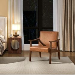 New💫PU Leather Accent Chair, Mid-Century Modern Armchair with Solid Wood Legs, Reading Leisure Chair with High Back 593156