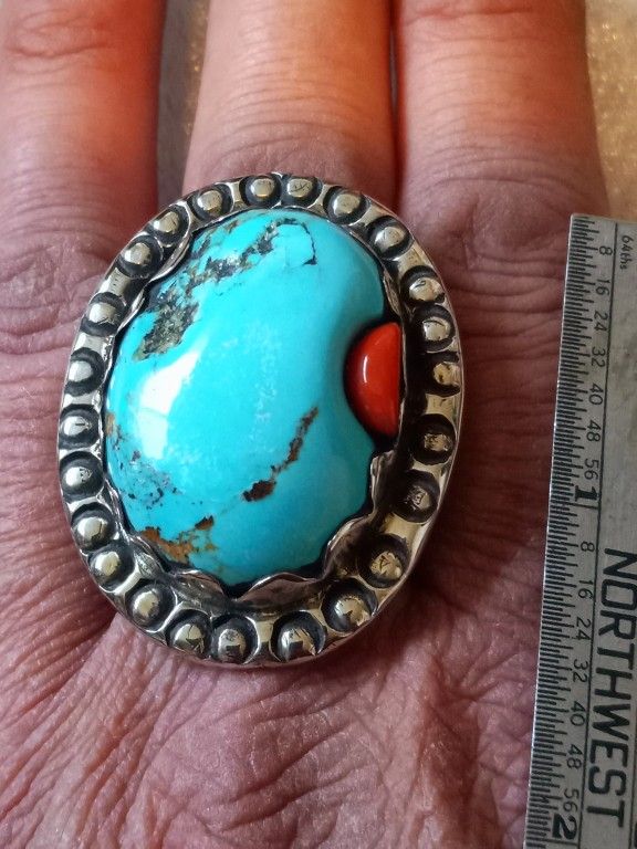 $135! Size 13, Large Sterling Silver Turquoise Coral Ring