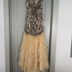 Evening Gown Champagne Color with Embellished Sequin and Feather  