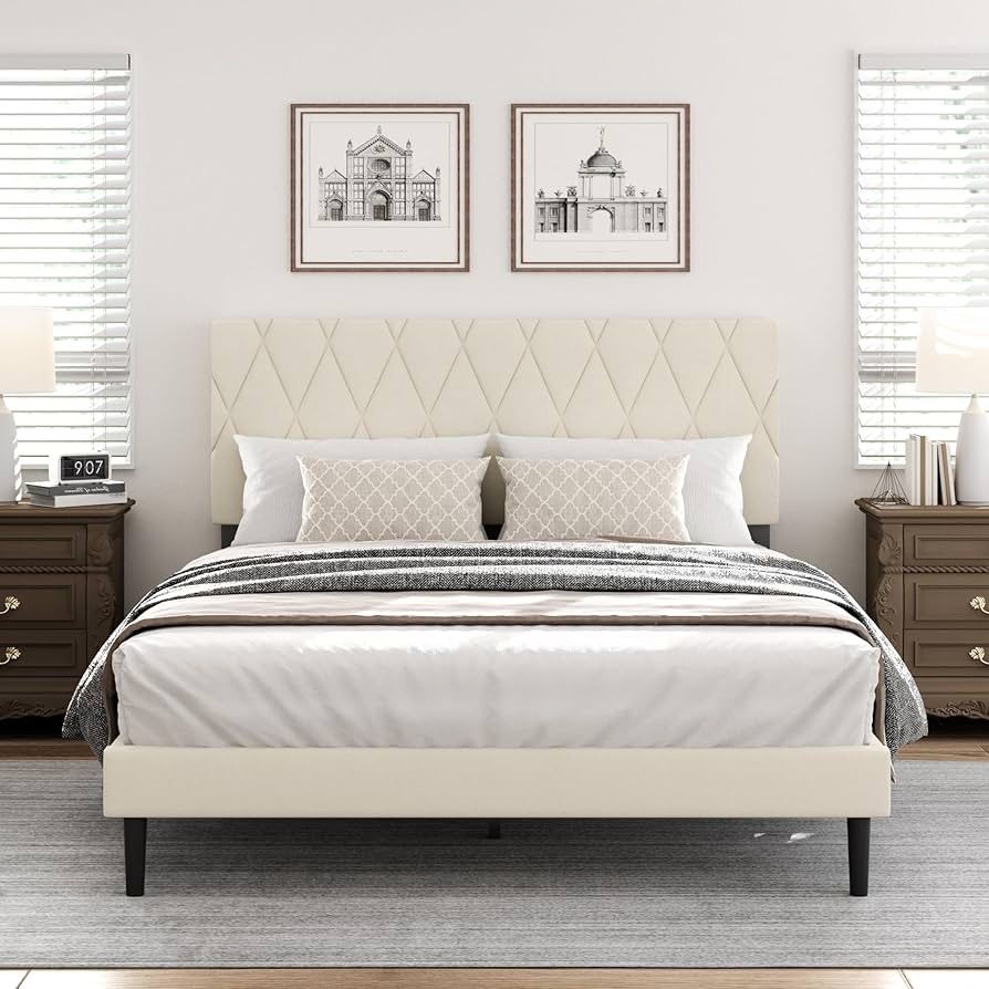 1314A Queen Size Bed Frame with Diamond Tufted Headboard, Velvet Upholstered Platform Bed and Wooden Slat Support, Noise-Free, No Box Spring Needed, E