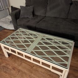 Gorgeous Vintage Boho Rattan Coffee Table with Thick Glass Top.