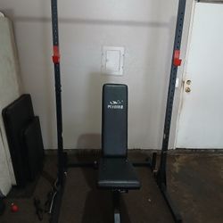 Adjustable Bench with Pull Up Bar Set and 1 Inch Barbell Bar. Maxiclimber And Grips Included. 