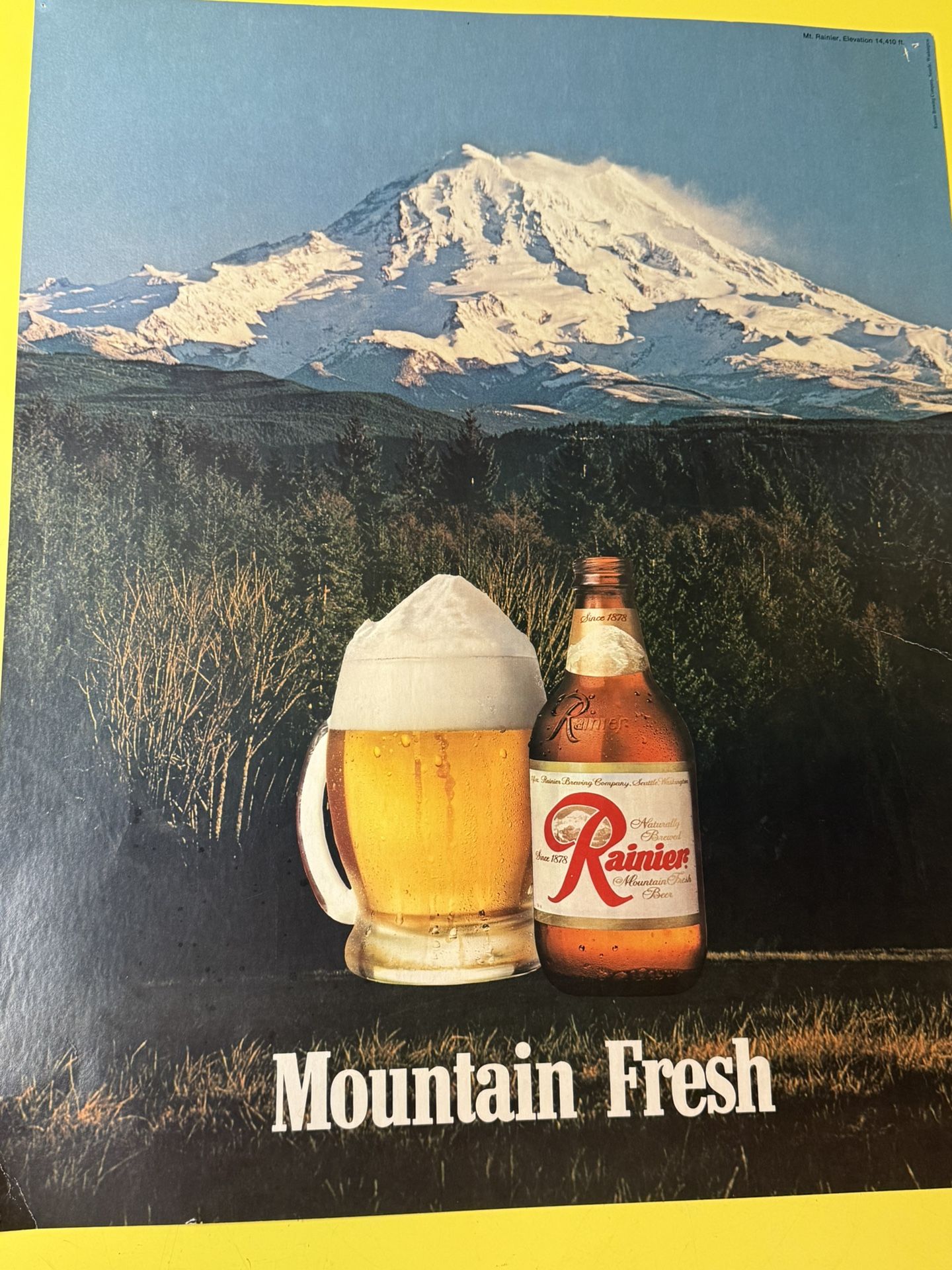 Original Hard Stock 1970S 1980S Rainier Store Ad Poster “Mountain Fresh” Mount Rainier