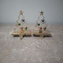 Gold Toned Metal Christmas Tree Stocking Holder Hanger With Gems 

