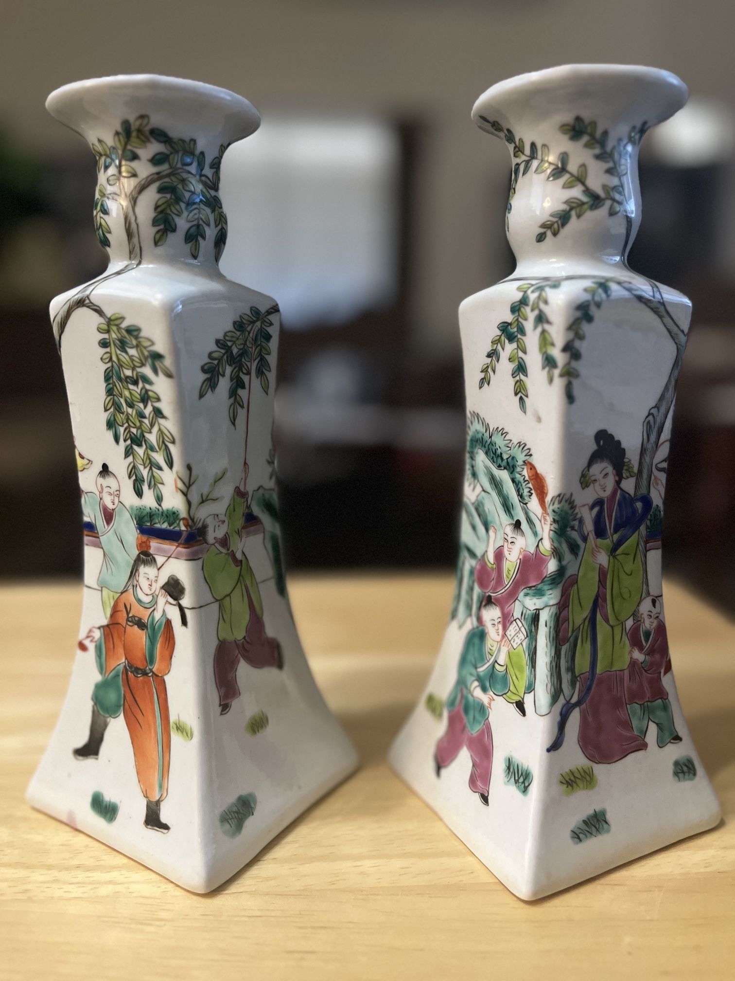 Antique Chinoiserie Famille Chinae Art Candle Holders (B-2)
