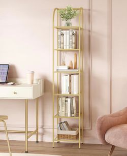 Bookcase Bookshelf, Tempered Glass Arched Bookshelf for More Storage, Slim Shelving Unit for Bedroom, Bathroom, Home Office, Steel Frame, 6 Tier Gold 