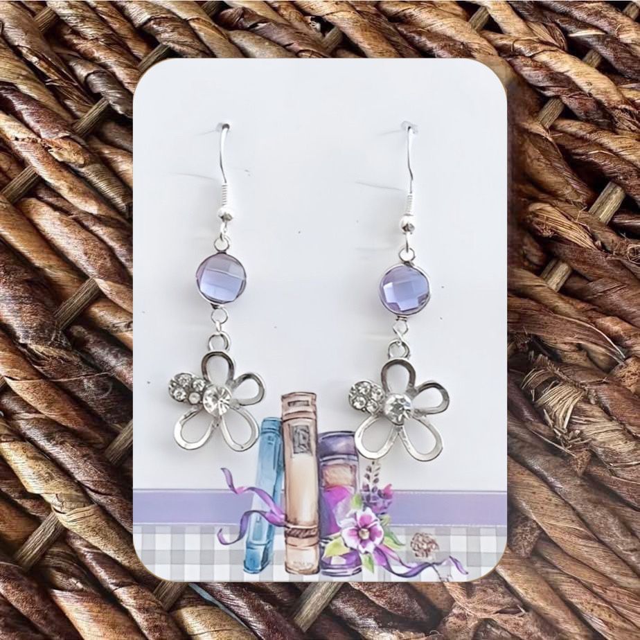 Pretty New Handmade Silver-Tone and Purple Sparkly Flower Outline Dangle Earrings (2.1” long x 0.7” wide)