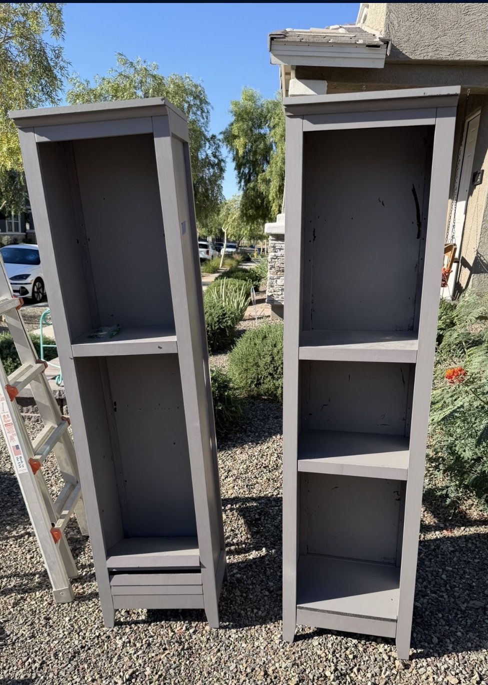 2 Tall Grey Bookshelves