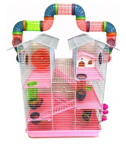 Pink 5-Floors Large Twin Tower Syrian Hamster Rodent Gerbil Mouse Mice Rat Cage with Crossover Tube Tunnel(7)