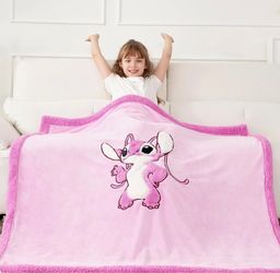 Cartoon Embroidery Sherpa Flannel Blanket Throw for Kids, Soft Warm Cozy Plush Blanket for Couch Bed Sofa (Angel Stitch, Throw(50''×60''))