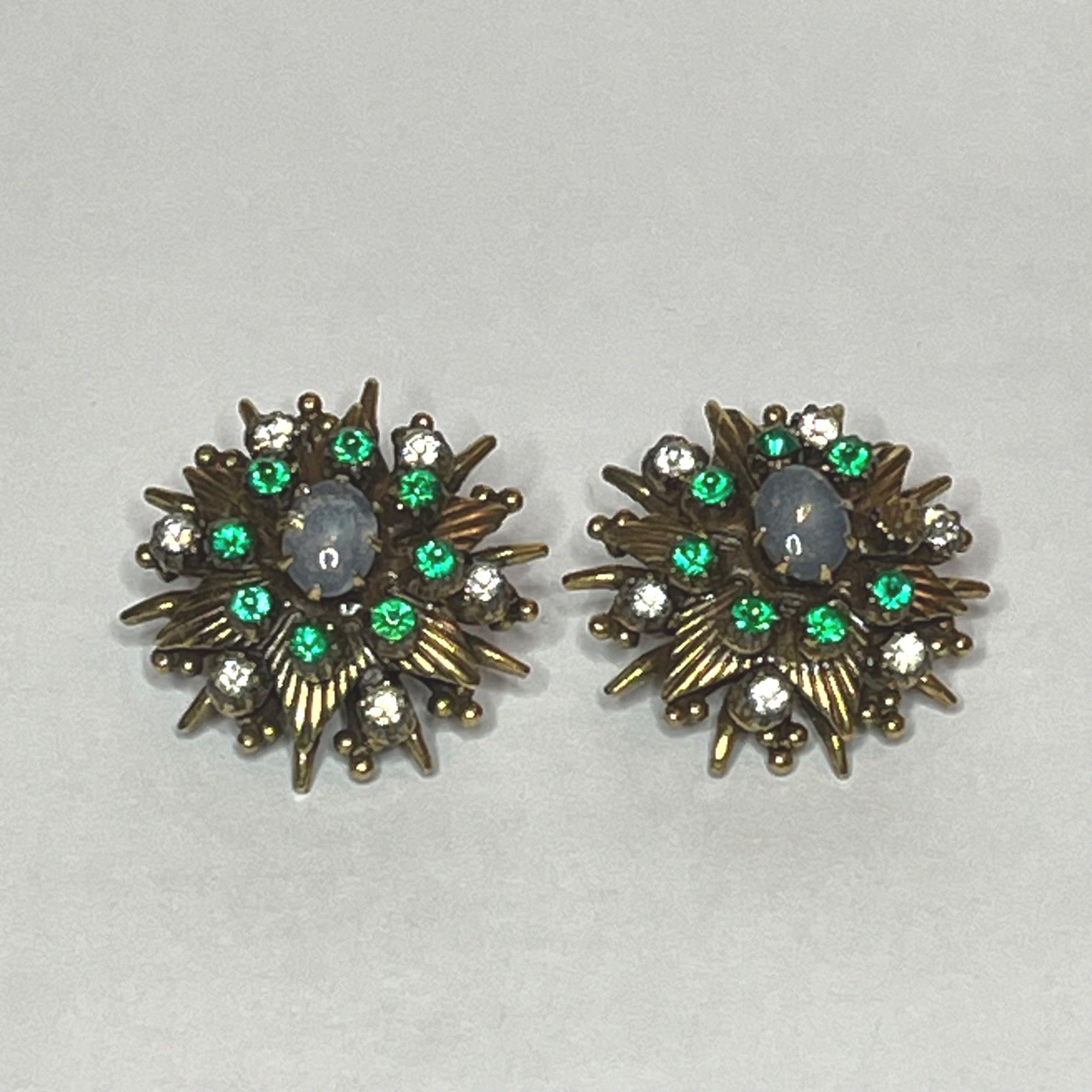 Set of 2 Starburst Pins Vintage Brooches Gold-Tone Green Rhinestone
