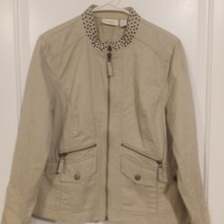 Missy Large Khaki Chico's Jacket Size 2 Zipper Front  Metal Rhinestones Trim