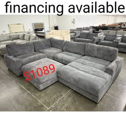 Gray / Beige Corduroy Living Room Modular Sectional Sofa - Special Price 