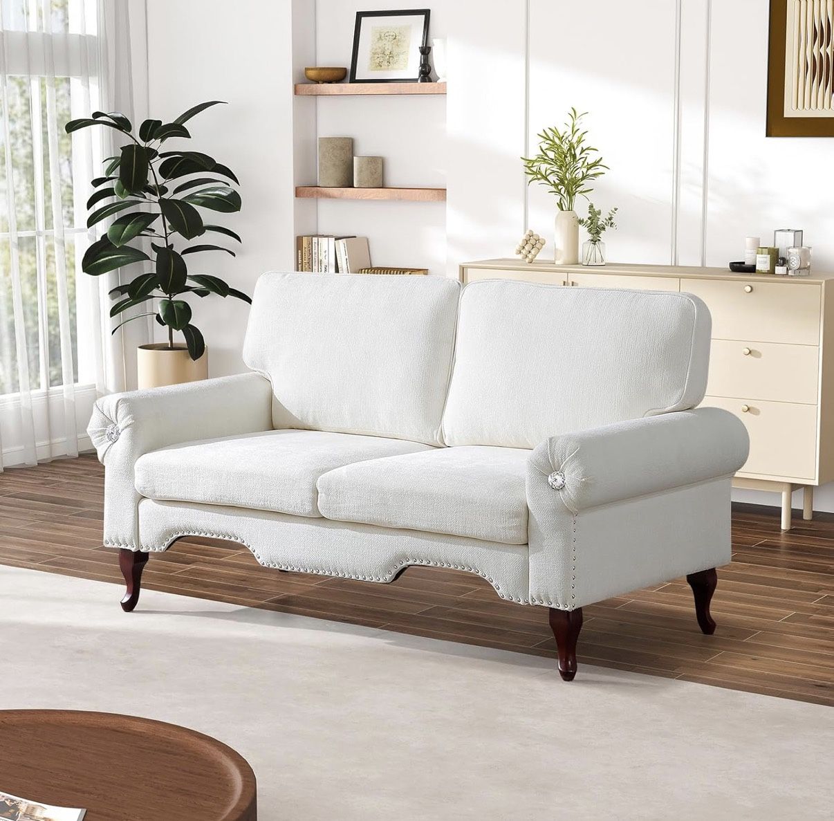 65"W Loveseat Sofa, Linen Upholstered 2 Seat Mid Century Modern Couch with Nailhead Trim & Diamond Decor, Deep Seat Comfy Sofa with Rolled Armrests &