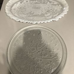 TWO BEAUTIFUL , GLASS CHRISTMAS TRAYS