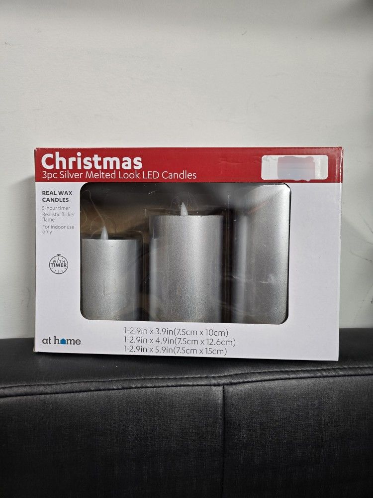 Flameless Flickering Led 3 pack Silver Christmas Pillar Candle Set