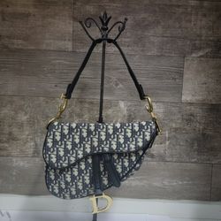 CHRISTIAN DIOR Blue Oblique Jacquard Canvas Saddle Bag With Strap 