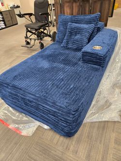 Blue Corduroy Chaise Lounge with Cup Holder. 65×40×16.