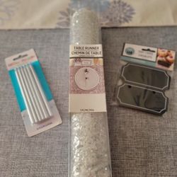 Lot Of 3 Silver Sequence Table Runner, 12 Silver Skinny Candles & Tent Cards