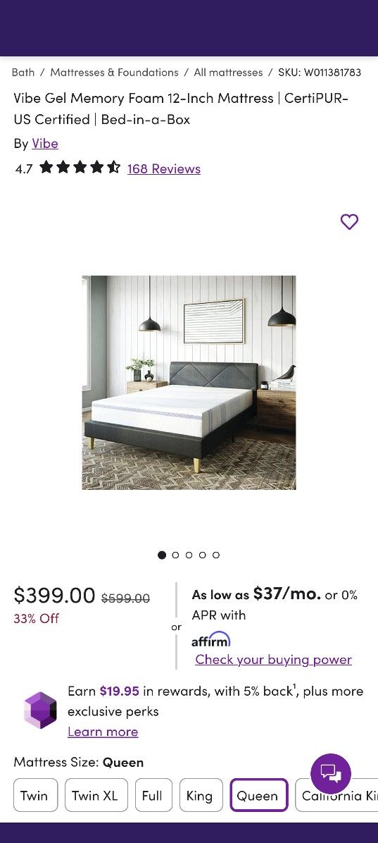 Vibe Gel Memory Foam 12-Inch Queen Mattress With Bed Frame