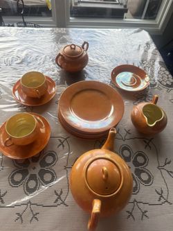 Art Deco Shofu Japan Lusterware Set - Orange Flame Iridescent - 3 Piece 6 Dessert Plates And 2 Cups And 3 Small Plates 