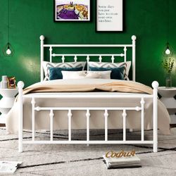 Clearance Full Size  Bed Frame, Metal Platform Bed with Vintage Headboard & No Box Spring Needed, White